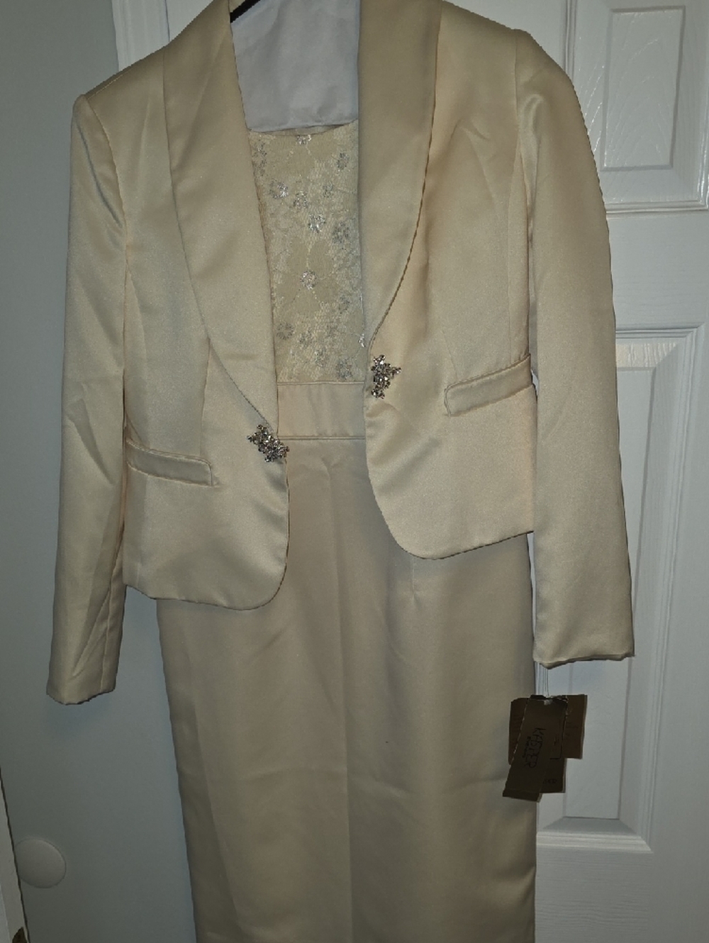 Kasper Cream Satin Two-Piece Dress with Jeweled Jacket - Picture 5 of 9